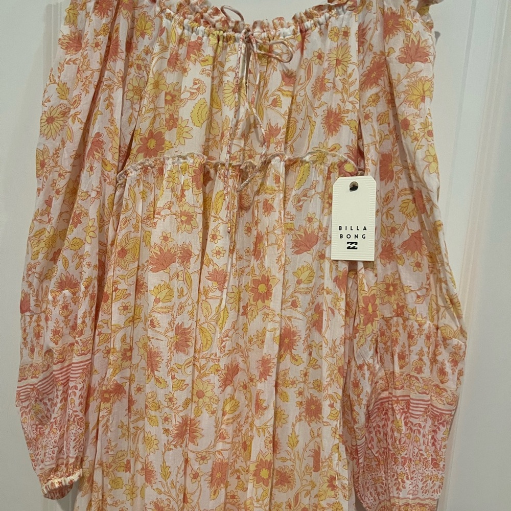 New Billabong Boho Yellow and Orange Floral Cream Bow Maxi Dress - Picture 7 of 12